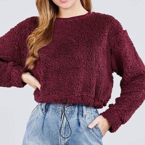 Burgundy Fluffy Faux Fur Crop Top Sweater